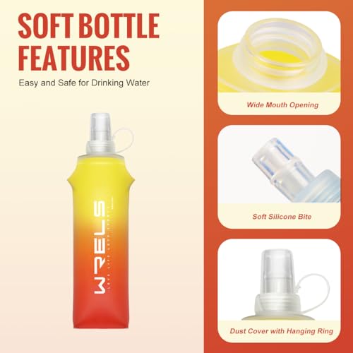 WRELS TPU Soft Flask Lightweight Portable Reusable Water Bottle,BPA Free Collapsible Flask for Hydration Pack in Running Hiking Cycling and Marathon - color: Orange-yellow-500ML*2