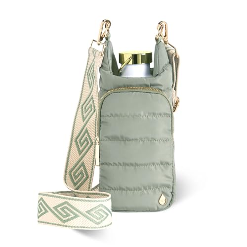 WanderFull Original HydroBag Crossbody Water Bottle Holder with Phone Pocket, Fits Water Bottles up to 32 oz - color: Sage Green - Patterned Strap