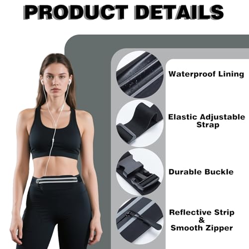 Slim Running Belt Fanny Packs for Women Man,Adjustable WaterProof Running Pouch Waist Bag for Workout Jogging,Elastic Phone Holder for Runner Comes with Reflective Armbands