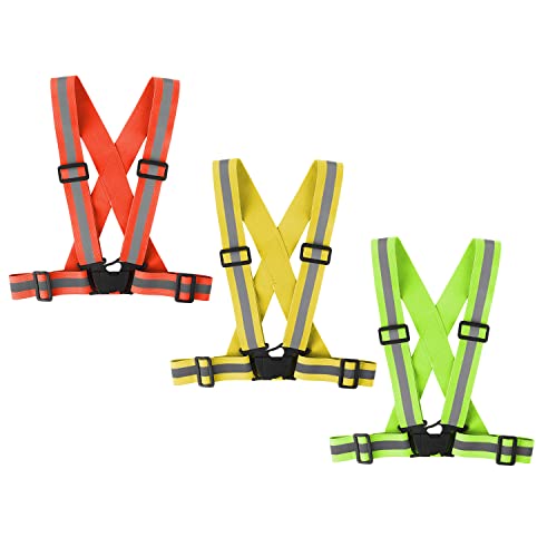 Running Reflective Vest Gear 3 Pack, Adjustable Safety Vest High Visible Reflective Belt Straps Night Walking Vest - color: Green,Orange,Yellew