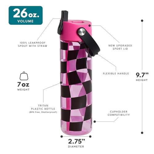 Elemental Splash 26oz Tritan Plastic Reusable Water Bottle w/Straw & Strap - color: Pink Checkers, size: 26 Ounces