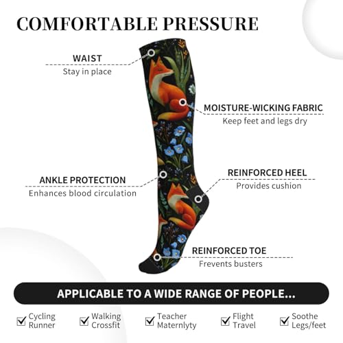 Cute Compression Socks Knee High Support Stockings Women Men - color: Foxes Wildflower