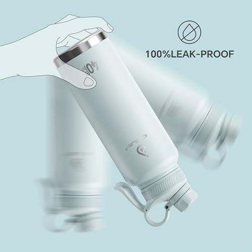 IDEUS 40oz Stainless Insulated Bottle with 2 Leak-Proof Lids, Light Blue - color: Light Blue, size: 40 Ounces