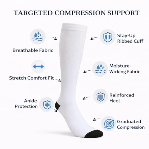 Diamond Star 6 Pairs Compression Socks for Men & Women, Knee High Socks - color: 6 Pairs White