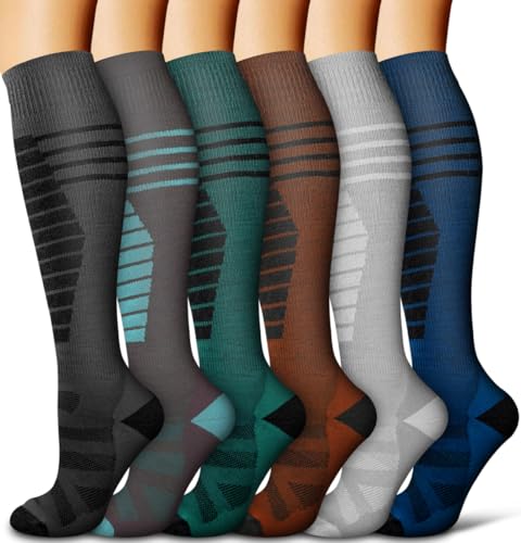 COOLOVER Copper Compression Socks for Women and Men(6 Pairs)-Best Support for Running, Athletic, Travel - color: 09a Gray/Gray/Green/Brown/Gray/Blue, size: Small-Medium