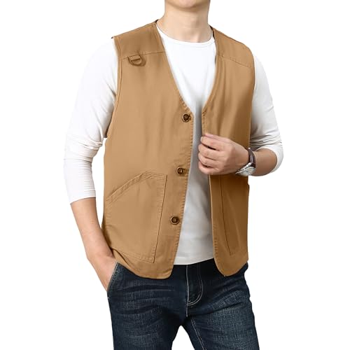 PRIJOUHE Mens Casual Cotton Vest Lightweight Outdoor Fishing Utility Vest - color: 03-khaki, size: X-Large