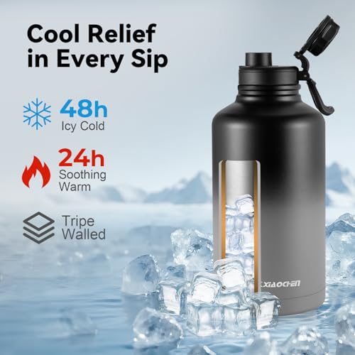 KXIAOCHEN Insulated Water Bottle with Strap, 48-Hour Cold, 2 Lids - color: Black Gray-B, size: 64 Ounces