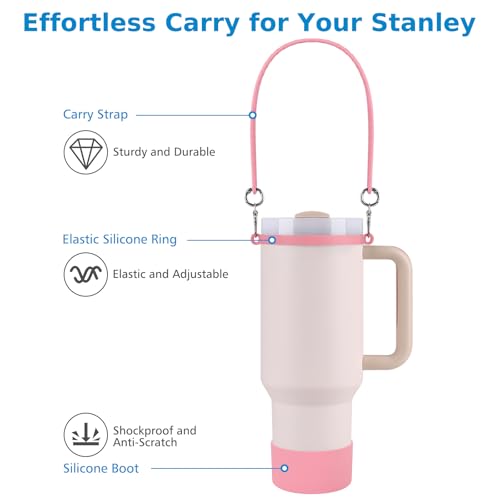 Accmor Water Bottle Handle, Silicone Water Bottle Sling, Water Bottle Carrier Holder with Strap and Boot Compatible with Stanley Cup Accessories - color: pink