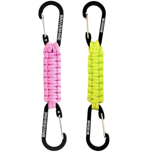 BRAVESHINE Paracord Keychain Carabiner Clip | D Ring Hanger Lanyard Hook - color: 1 Pink 1 Green
