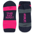 Gone For a Run Motivational Ankle Running Socks - Affirmation Runners Gifts - color: Train Race Repeat (Pink/Navy)