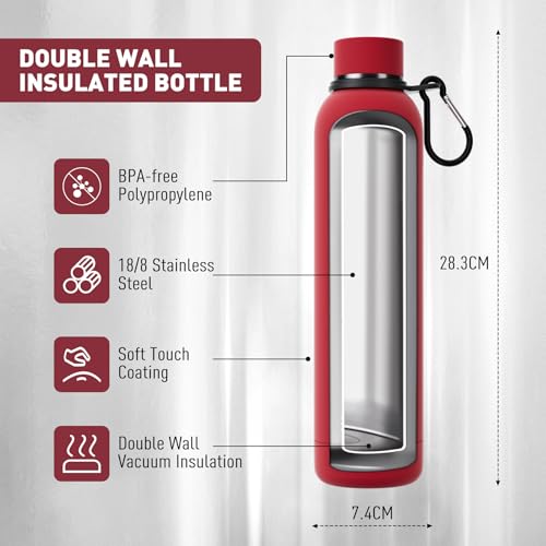 Exllena Slim Insulated Water Bottles for Travel 25oz with Clip, Double Wall Vacuum Stainless Steel Water Bottle Keeps Drinks Cold 24 Hrs/Hot 12 Hrs, 100% Leakproof, BPA Free（Red） - color: Red, size: 750 ml