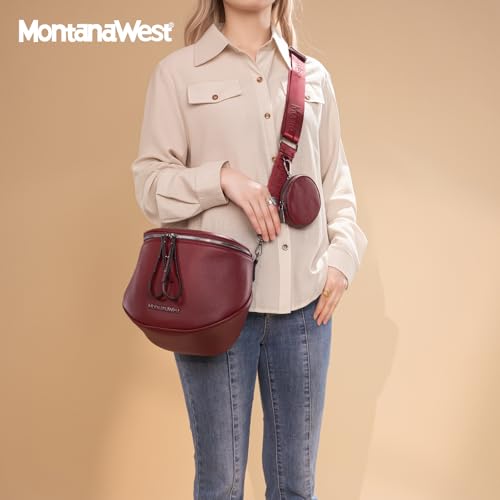 Montana West Crossbody Bag for Women, Vegan Leather Bum Bag with Coin Purse - color: Burgundy