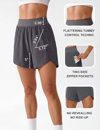 BMJL Women's Athletic Shorts 5" Inseam, High Waist Tummy Control Running Shorts with 2 Zipper Pockets, Lightweight Dolphin Hem Workout Shorts(Large,Dark Grey)
