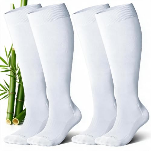 LEVSOX Bamboo Viscose Wide Calf Compression Socks 20-30 mmHg with Cushioned - color: White, size: Medium