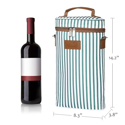 Tirrinia 2 Bottle Insulated Wine Tote Carrier Bag - color: Green Stripe, size: 2 Bottle-without front pocket