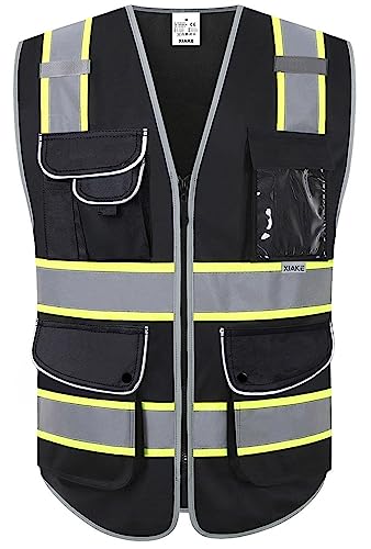 XIAKE 9 Pockets Class 2 High Visibility Reflective Safety Vest for Men Women,Meets ANSI/ISEA Standard - color: Black Yellow Trim, size: Medium