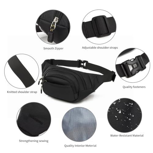 Large Fanny Pack for Men Women NSYOOMH, Crossbody Waist Bag 5-Zipper Pocket - color: Black