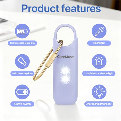 Personal Safety Alarm for Women – Panic Button 130dB Siren with Dual LED Strobe Flashlight, Rechargeable Self Defense Keychain for Night Walking, Campus, Travel Gifts for Women (Violet)