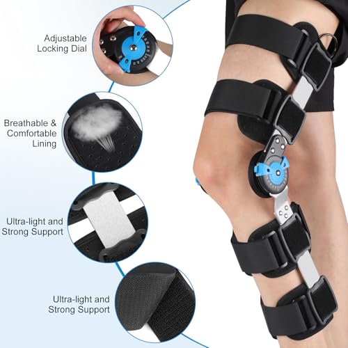 Hinged ROM Knee Brace with Adjustable Locking Dial & Side Stabilizers - Post Op Knee Support for ACL, PCL, MCL Injury, Meniscus Tear Recovery - Universal Fit Stabilizer for Men & Women, Left or Right Leg