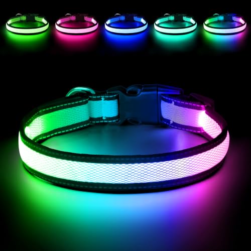Flashseen Multicolor LED Light Up Dog Collar, RGB 9-Mode, USB Rechargable - color: White, size: Medium