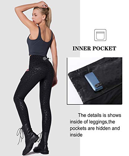 Dragon Fit Women's High Waisted Yoga Leggings 3 Pockets Workout Pants - color: Black Leopard, size: Small