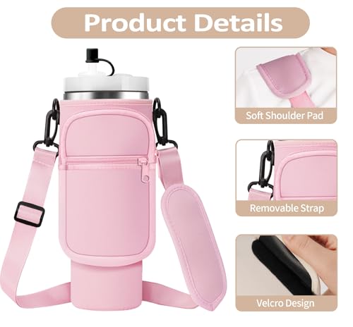 AceTreker Water Bottle Carrier Bag with Strap for Stanley 40/30 oz Tumbler Neoprene Insulated Cup Holder Sleeve with Phone Pocket & Straw Cover for Stanley Cup Accessories - color: 01-Pink, style: 30 Oz