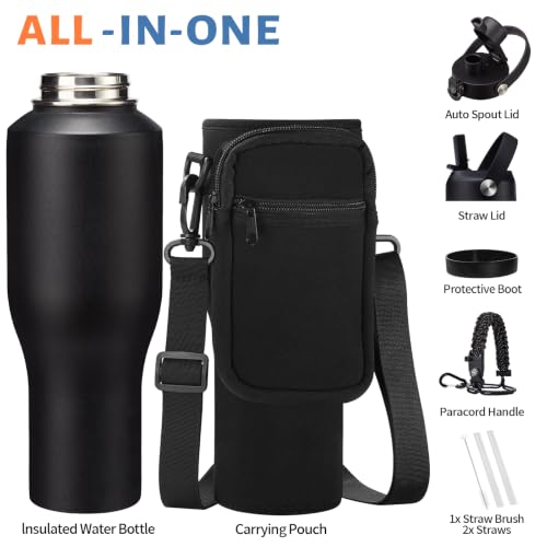 40 oz Insulated Water Bottle Fits Car Cup Holder with Straw Lid & Auto Lid - color: Onyx Black, size: 40 Ounces