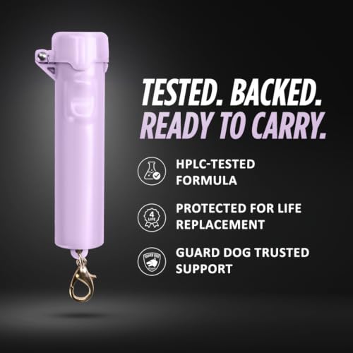 Packin' Heat 0.28 oz Compact Pepper Spray for Self Defense, Small Keychain Pepper Spray for Women, 12 ft Range, 1.44% Major Capsaicinoids, UV Dye, Push-Button Safety Cap, Snap Clip - color: Lavender