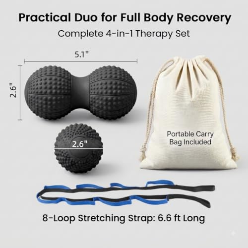 Peanut Massage Ball and Single Ball Set for Myofascial Release, Deep Tissue, Muscle Recovery (Black) - color: Black