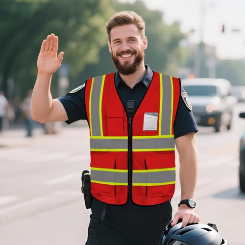 High Visibility Vest 5 Pockets Mesh Safety Vest for Men, Red M - color: Red, size: Medium