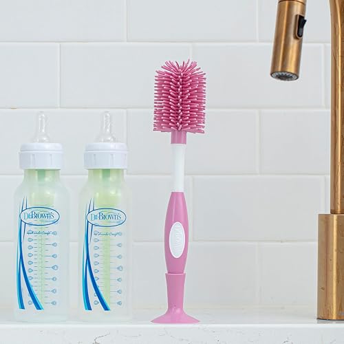 Dr. Brown's Soft Touch No Scratch Baby Bottle Cleaning Brush Nipple Cleaner with Stand and Storage Clip, BPA Free, Pink (Pack of 2) - style: 2 Pack, Pink