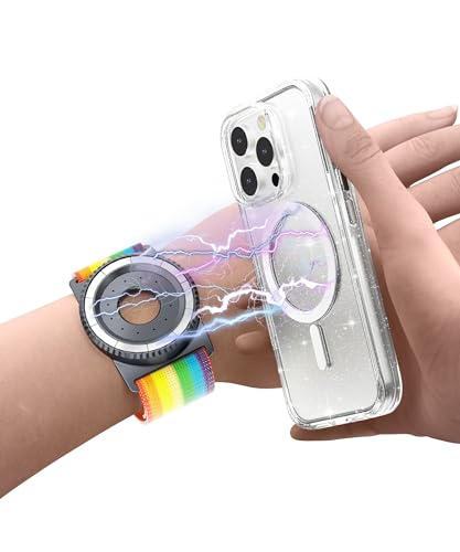 BAISRKE Magnetic Running Phone Holder Wrist Armband for Magsafe Case iPhone & Android - 360° Rotatable Phone Grip (Rainbow & Gunmetal, Regular (fits Wrist/Armband up to 9") - color: Rainbow & Gunmetal, size: Regular (fits Wrist/Armband up to 9")