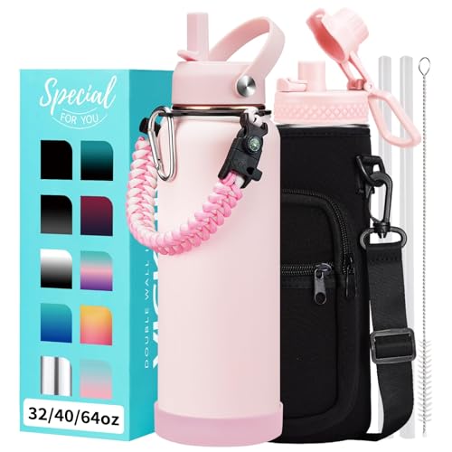 Pink 40 oz Insulated Water Bottle - with Straw Spout Lids, Triple Wall Stainless Steel Water Bottles Cold 48H Hot 24H, Wide Mouth Hydro Bottle Metal Flask with Handle, Strap Carrier Bag for Women - color: Pink, size: 40 Ounces