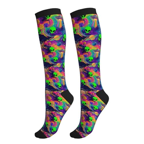 Compression Socks Women Knee High Support Circulation Stockings for Running Cycling Flying - color: Alien