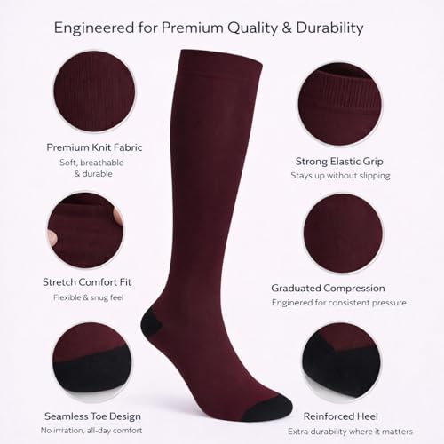 Diamond Star 6 Pairs Compression Socks for Men & Women, Knee High Socks - color: 6 Pairs Burgundy