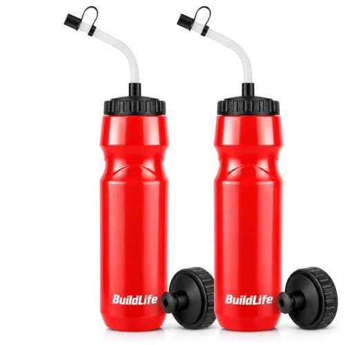 Lacrosse Water Bottle with Long Straw 2 Pack,32 OZ Hockey Water Bottle - color: Red