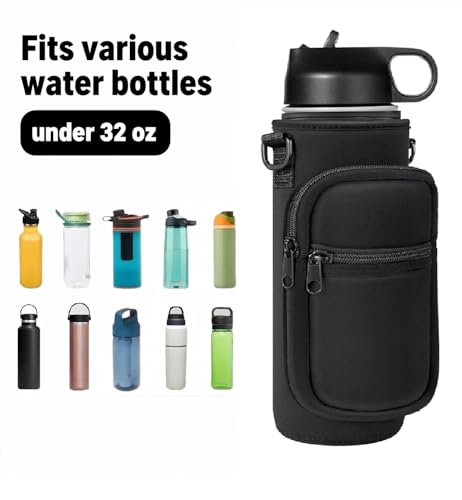 40oz Neoprene Water Bottle Sling with Phone Pocket, Crossbody - color: Black, size: 32oz Short