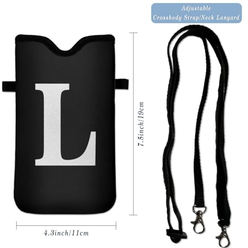 Men Women Universal Neoprene Cell Phone Pouch Sleeve 7.5 X 4.3 in Smart Mobile Protection Case Bag with Crossbody Strap/Neck Lanyard Privacy Case Covers Letter L