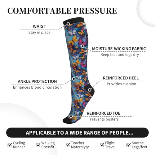 Compression Socks Knee High Support Socks Women Circulation Stockings for Athletic Running Cycling Flying - color: Butterfly
