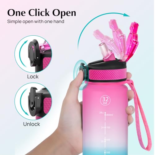 EYQ 32oz Water Bottle with Straw, Sports Bottle with Time Marker - color: 2.Fuschia/Green Gradient