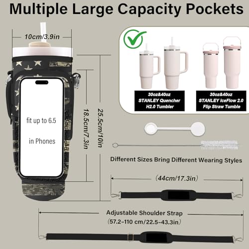 Water Bottle Carrier Bag for Stanley Cup 40/30oz, Neoprene Water Bottle Holder Pouch with 3 Pocket Adjustable Shoulder & Hand Strap - color: Retro Camo American Flag