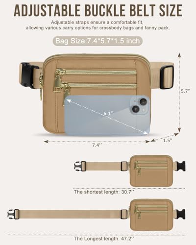 Capolo Fanny Packs for Women 4 Zip Pocket Crossbody Belt Bag Waist Bags - color: Khaki, size: Medium