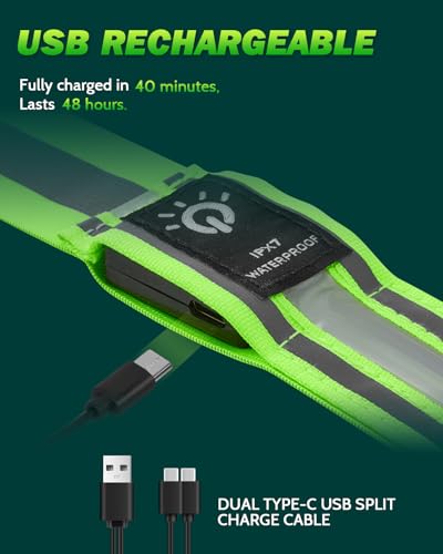 Fitense LED Reflective Belt Sash - 5 Lights Colors & 3 Light Modes High Visibility Night Safety Belt, Rechargeable Light Up Running Gear Adjustable Vest Straps for Runners Walkers Men Women - color: Green, style: Classic