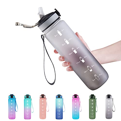 EYQ 32oz Water Bottle with Straw, Sports Bottle with Time Marker - color: 3.Black/Gray Gradient