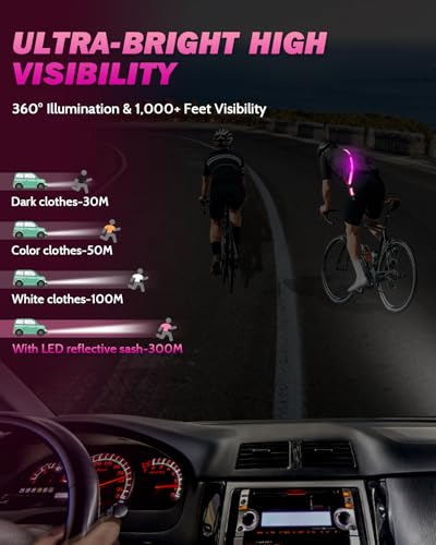 Fitense LED Reflective Belt Sash - 5 Lights Colors & 3 Light Modes High Visibility Night Safety Belt, Rechargeable Light Up Running Gear Adjustable Vest Straps for Runners Walkers Men Women - color: Pink, style: Classic
