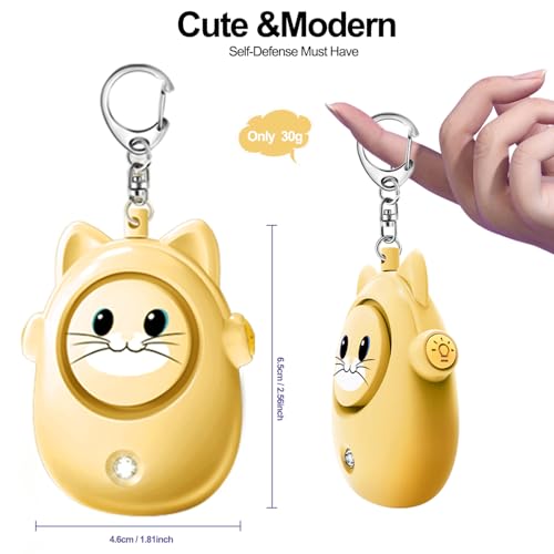 Personal Safety Alarm Keychain, 130dB Loud Siren with LED Light, Cute Cat Design Security Device for Women, Children, Elderly - color: Yellow