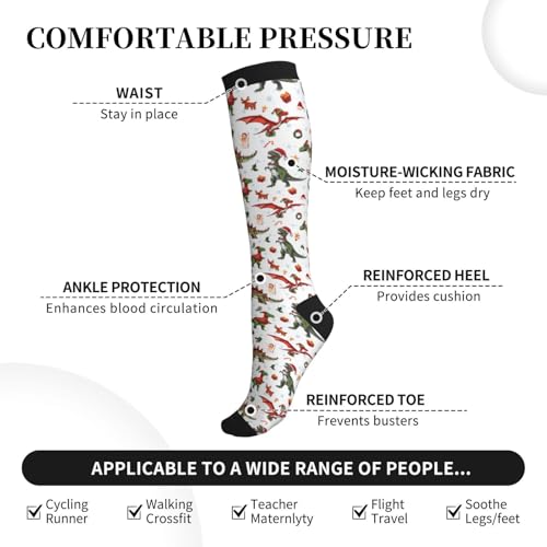 Compression Socks Knee High Circulation Support Socks For Women Men Athletic Running Hiking Travel - color: Dinosaurs Christmas
