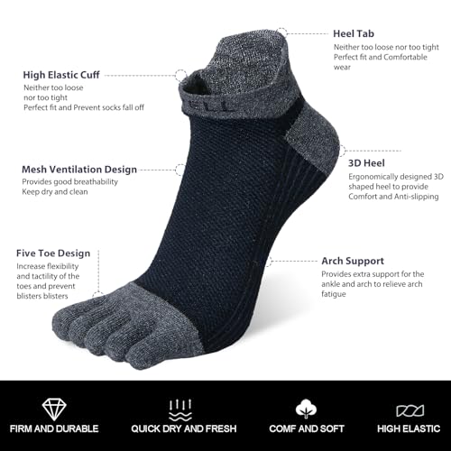 VWELL Cotton Toe Socks Five Finger Socks No Show Crew Athletic Running Socks 4 Pairs,Size 7-11 - color: Dark Blue
