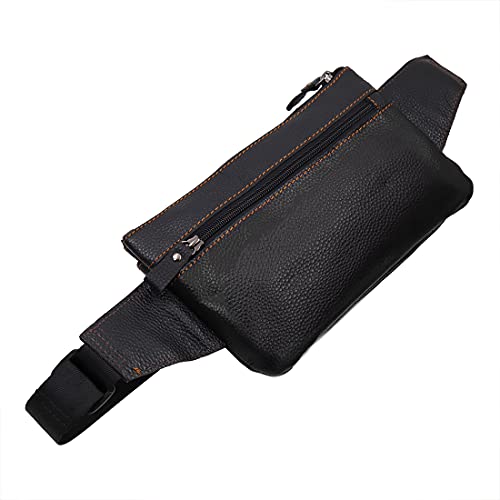 Triple Pocket fanny pack Genuine Leather waist slim sling bag Hip Purse Adjustable Belt strap Casual Pouch Outdoor Day bag (Hole Black) - color: Hole Black