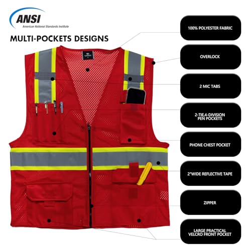 VENDACE Hi Vis Safety Reflective Mesh Vest for Men ANSI Class 2 High Visibility Vest with 8 Pockets and Zipper Red